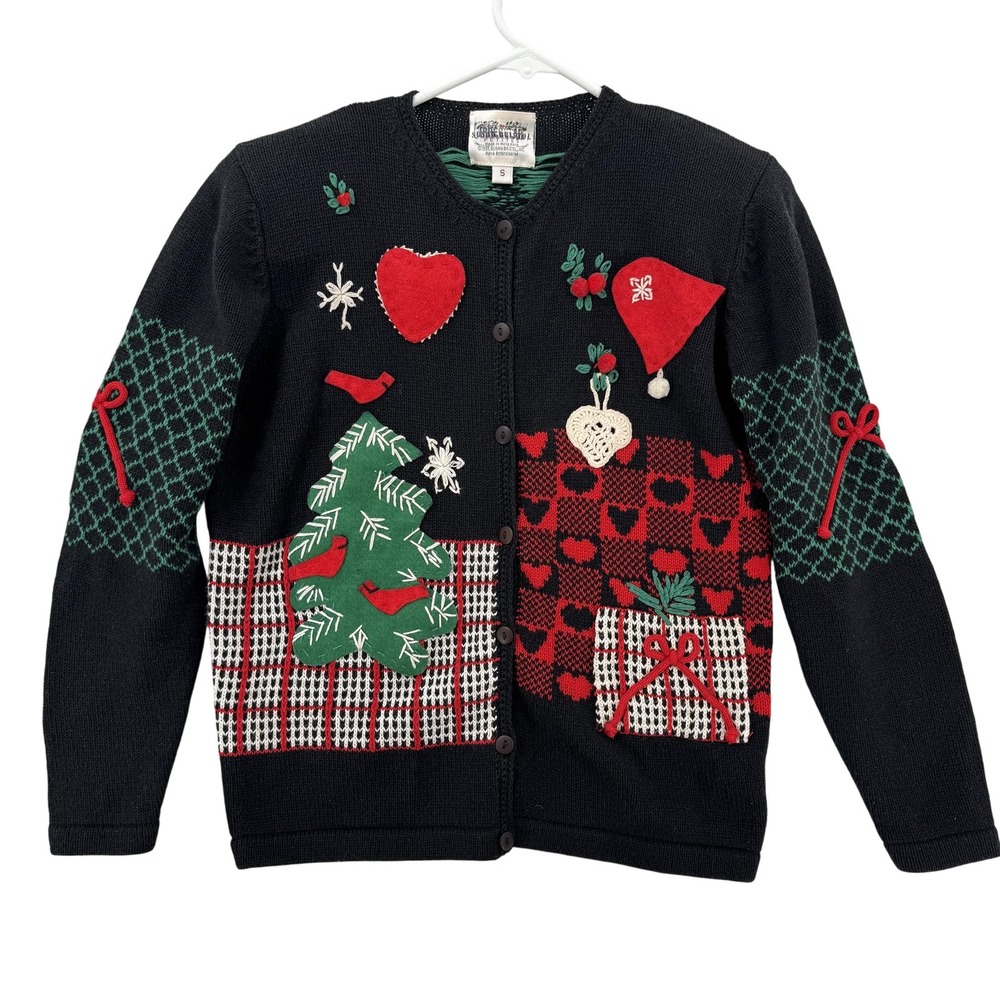 Vintage Susan Bristol Christmas Cardigan Sweater Womens Small Black Holiday 90s
